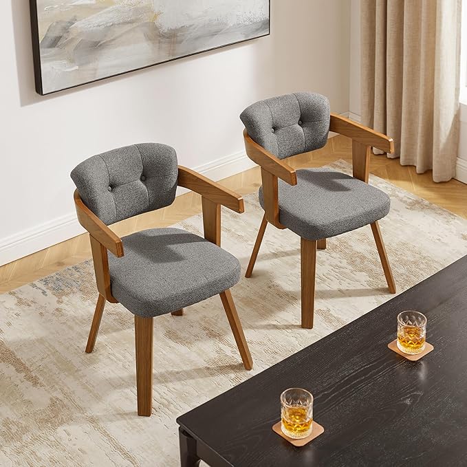 Art Leon Mid Century Modern Dining Chairs - Set of 2 Comfy Fabric Upholstered Dining Chairs, Home Office Chair No Wheels, Accent Arm Chair with Wood Legs for Kitchen Living Room Bedroom, Gray/Walnut
