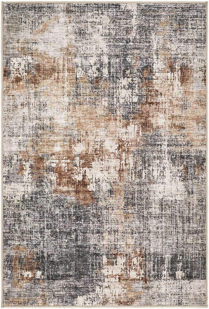 2x3 Entryway Area Rug: Washable Neutral Modern Abstract Small Rug - Non-Slip Low Pile Throw Indoor Carpet for Entrance Kitchen Front Door Mat Bathroom Entry Kids Room - Grey Brown
