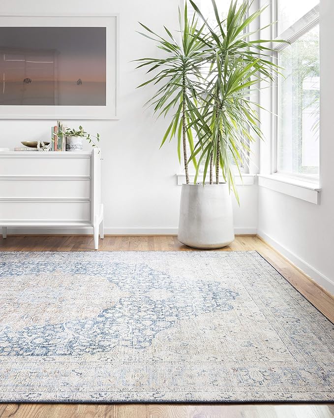 Loloi Layla Collection LAY-07 Blue/Tangerine 5'-0" x 7'-6" .13" Thick Area Rug, Soft, Durable, Vintage Inspired, Distressed, Low Pile, Non-Shedding, Easy Clean, Printed, Living Room Rug