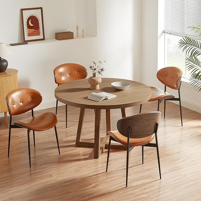 Art Leon Faux Leather Dining Chairs Set of 4, Gray Oak Bentwood, Mid Century Modern Desk Chairs with Metal Legs, Armless Accent Chairs for Living Room Bedroom, Brown