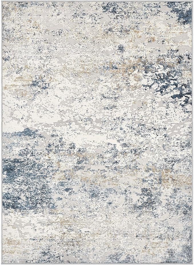 Area Rug Living Room Rugs - 4x6 Abstract Large Soft Indoor Washable Rug Neutral Modern Low Pile Carpet for Bedroom Dining Room Farmhouse Home Office - Beige Blue