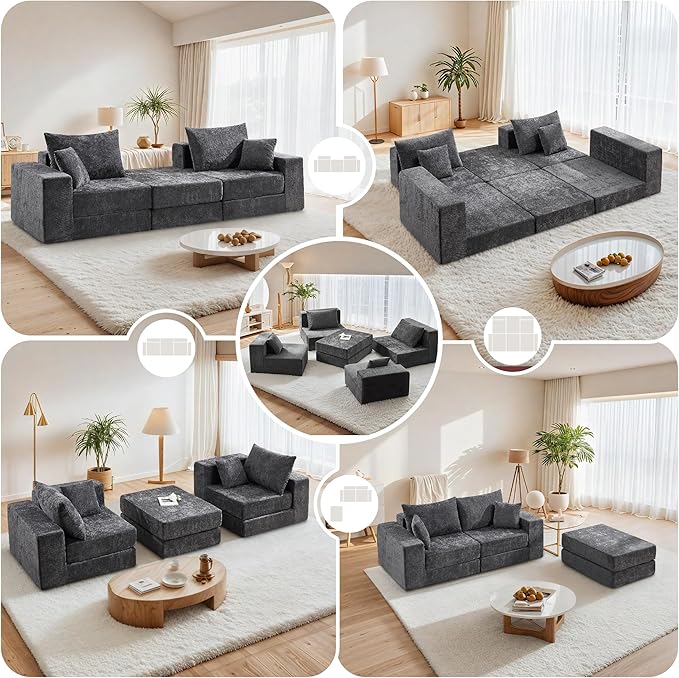 Boneless Sectional Loveseat Couch with Ottoman, Convertible Modular Floor Sleeper Sofa Bed, Comfy Foldable Compression Love Seat Sofa for Living Room, No Assembly, Dark Grey