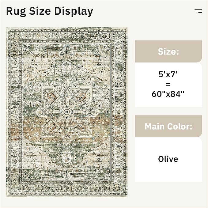 5x7 Area Rugs Low Pile Indoor Washable Trendy Faded Style Rugs for Bedroom Living Room Dining Room Foldable Non-Slip Thin Print Mat Green Olive Beige