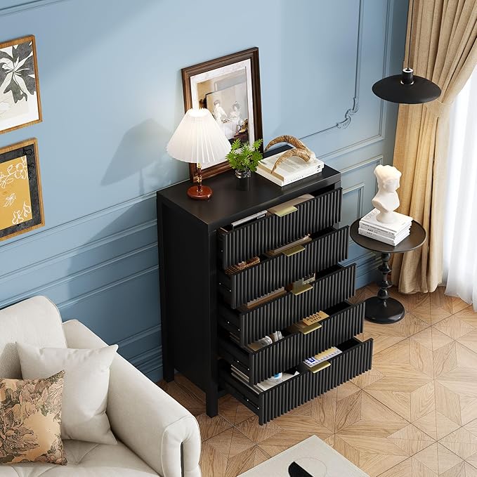 5 Drawer Dresser, 43" Tall Dresser Organizer TV Drawer Cabinet Modern Wood Storage Cabinet, Modern Wood Storage Cabinet for Bedroom, Hallway, Entryway, Black Oak X 2