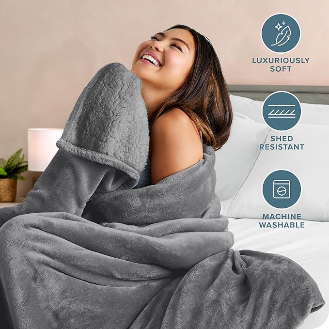 Bare Home Sherpa Fleece Blanket - King Size - Blanket for Bed, Sofa, and Couch - Warm & Lightweight - Fluffy & Soft - Reversible (King, Grey with Grey Sherpa)