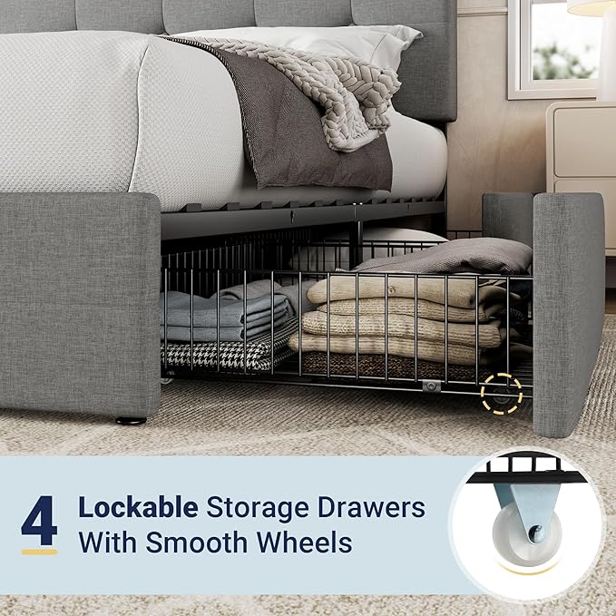 Allewie Upholstered King Size Platform Bed Frame with 4 Storage Drawers and Headboard, Square Stitched Button Tufted, Mattress Foundation with Wooden Slats Support, No Box Spring Needed, Light Grey