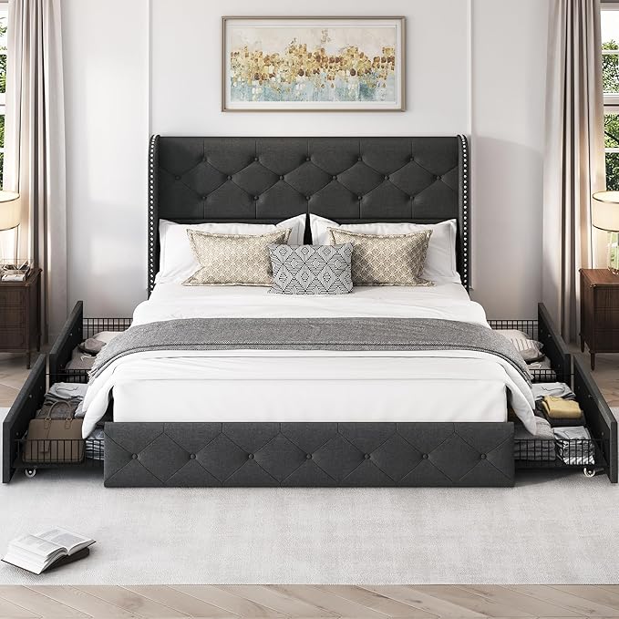 LARMACE Full Size Bed Frame with 4 Storage Drawers and Wingback Headboard Linen Upholstered Platform Bed Frame Tufted Beds with Wooden Slats Support, Easy Assembly, Dark Grey