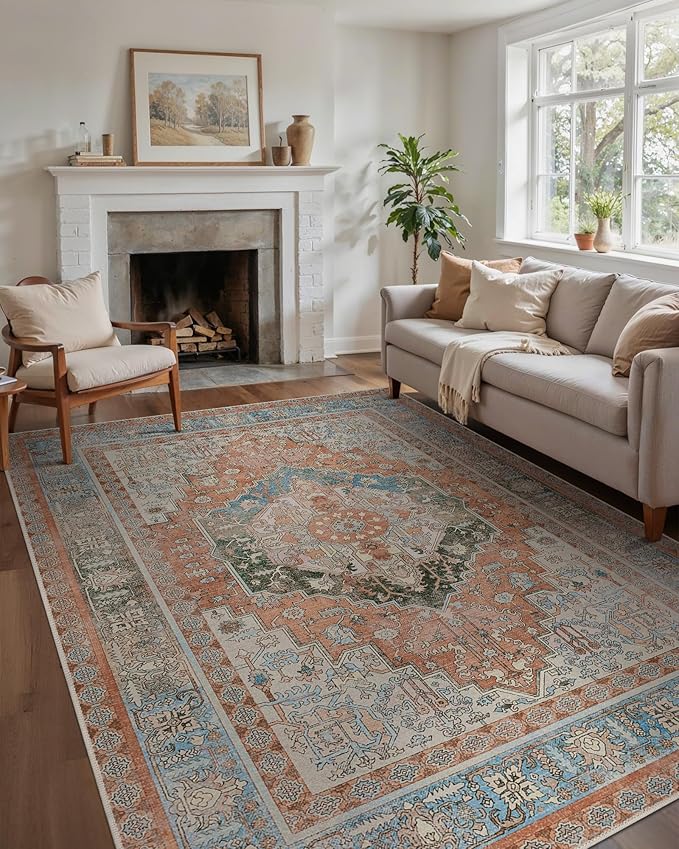 GENIMO 6X9 Area Rugs for Living Room, Machine Washable Vintage Floor Cover Foldable Modern Non Slip Rug, Low Pile Soft Indoor Carpet Floral Print Mat Rug,Bedroom/Dining Room/Office,Multi-Terracotta