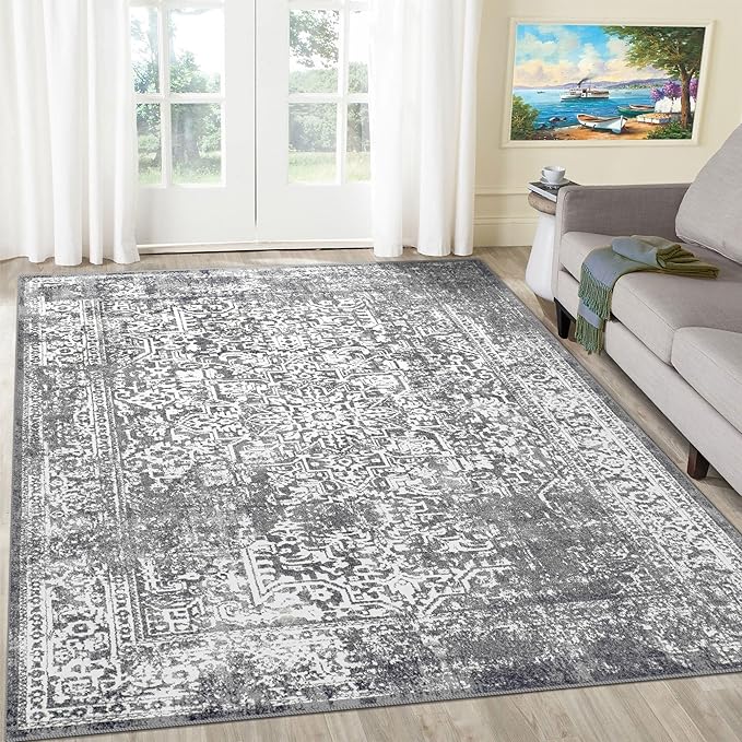 vivorug 5x7 Area Rugs, Stain Resistant Washable Rug for Living Room, Vintage-Inspired Grey Rug