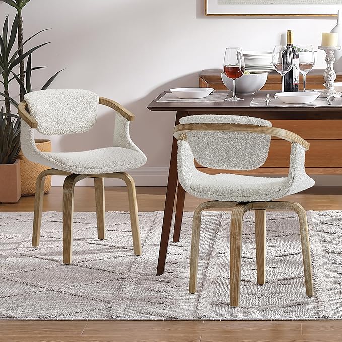 Art Leon Swivel Dining Chairs, Set of 2, Mid Century Modern Boucle Fabric Kitchen Dining Room Chair with Arms, Desk Chairs No Wheels, White