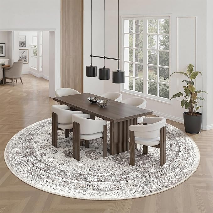zesthome 9ft Round Rugs for Living Room, Non-Slip Washable Round Area Rugs, Ultra-Thin Large Circle Rugs, Soft Low Pile Rug for Bedroom, Kitchen - Vintage Stain Resistant Round Rug (Brown/Beige,9'x9')