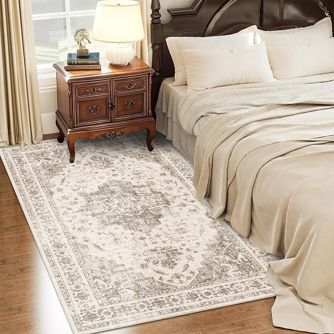 3x5 Vintage Washable Area Rugs Boho Medallion Large Distressed Retro Accent Carpet Floral Non-Slip Soft Low Pile Indoor Throw Rug for Living Room Bedroom Dining Room Office Kitchen, Taupe