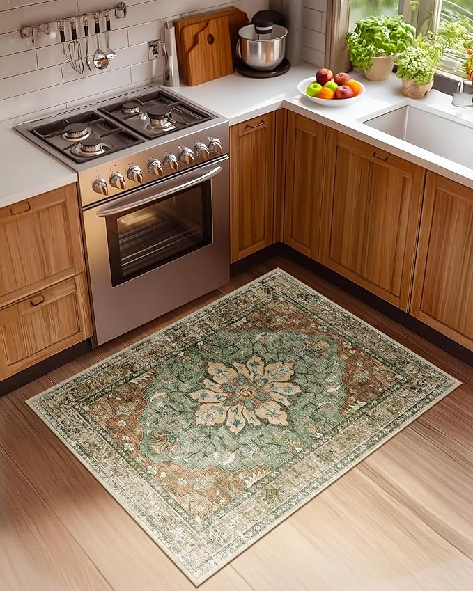 Area Rugs 3'x4' Washable Non-Slip, Floral Vintage Distress Print Pattern Medallion Carpet for Living Room Bedroom Dining Room, Brick Red Rust Neutral Brown Burnt Orange Green