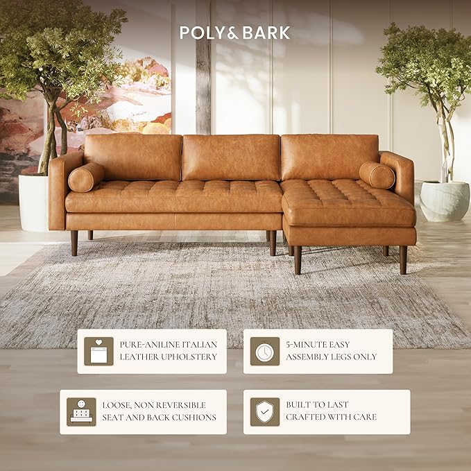 POLY & BARK Napa 104.5" Right-Facing Sectional Sofa – Cognac Tan Full-Grain Pure-Aniline Italian Leather, Feather-Down Cushions, Solid Wood Frame