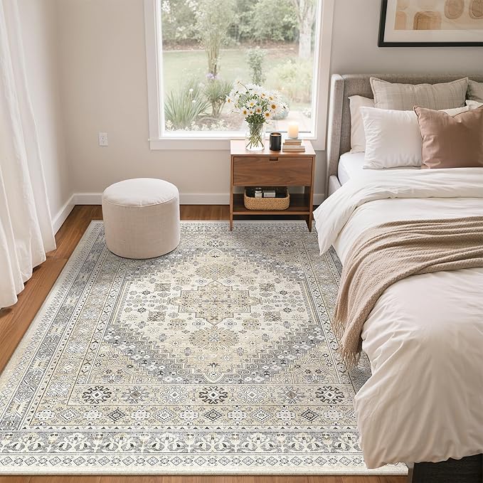 zesthome 3x5 Rug Ultra Soft Washable Rug, Non Slip Area Rug Indoor Entrance, Stain Resistant Rugs for Living Room Bedroom, Vintage Home Decor Area Rugs (Beige,3'x5')