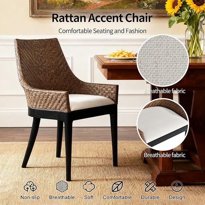 DUHOME Natural Rattan Accent Chair, Tropical Coastal Herringbone Weave Solid Wood Frame Armchair with Cream Upholstered Cushion & Black Tapered Legs, Ergonomic Comfort for Living Room Reading Nook