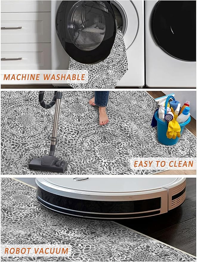 vivorug 4x6 Rug, Small Area Rug for Living Room, Bedroom, Kitchen, Machine Washable Non-Slip Throw Rug, Vintage Medallion Carpet for Entryway Nursery Coffee Table - Durable (Grey)