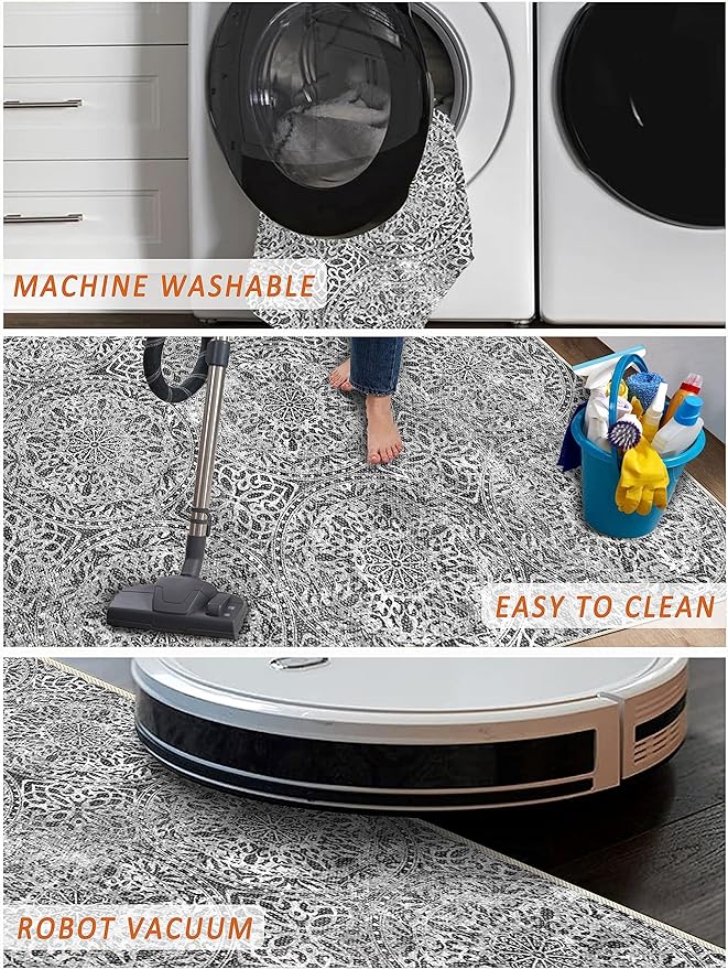 vivorug 8x10 Area Rugs for Living Room, Non-Slip Backing Washable Grey Rug 8x10, Large Area Rug Soft Carpet for Bedroom Dining Room, Vintage, Easy Clean, Durable, Low Pile Rug Under Table