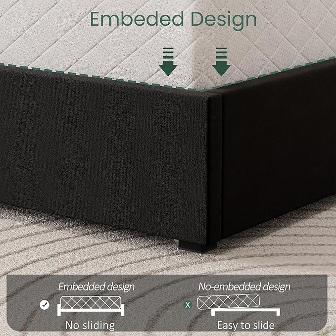 LARMACE King Size Bed Frame with 4 Storage Drawers and Wingback Headboard Velvet Upholstered Platform Bed Frame with Wooden Slats, Easy Assembly, Black