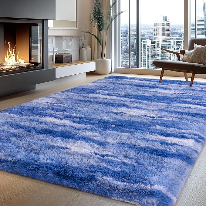 Fluffy Rugs for Bedroom Living Room, 4x6 Feet Abstract Blue Shag Area Rugs, Non-Slip Indoor Modern Fuzzy Plush Floor Carpet for Dorm Nursery Kids Room Decor, Soft Shaggy Throw Rug