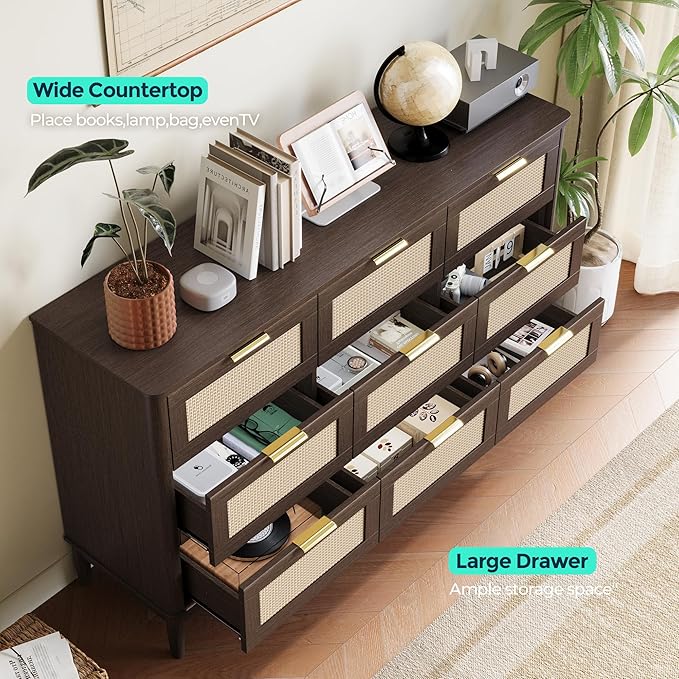 LINSY HOME Rattan Dresser for Bedroom with 9 Drawers, 58" Wide Chest of Drawers, Mid Century Modern Dresser TV Stand with Metal Handle, Wood Closet Storage Cabinet for Living Room, Hallway, Walnut