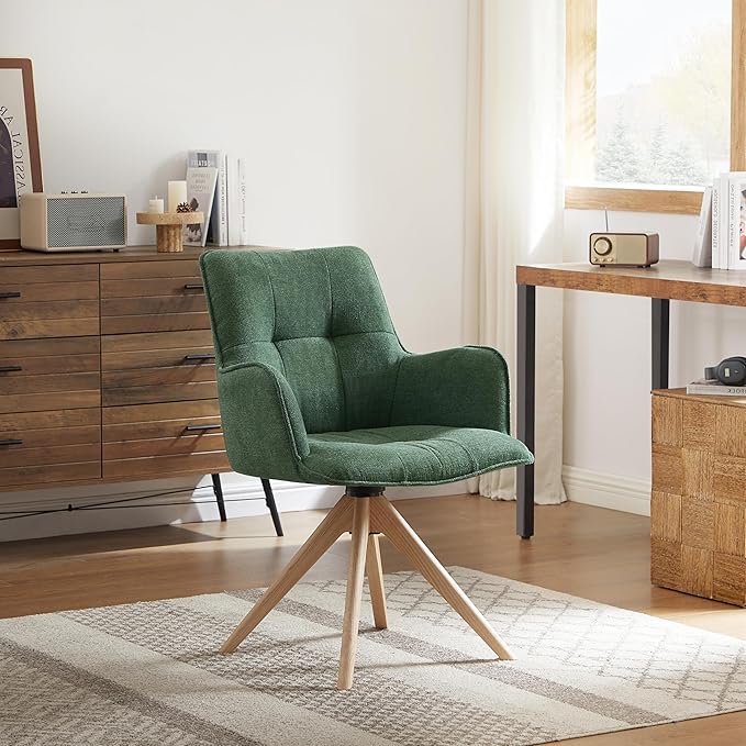 Art Leon Desk Chair Without Wheels - Mid Century Modern Swivel Office Chair, Fabric Upholstered Accent Chair with Oak Wood Legs for Small Space Living Room Bedroom, Set of 2, Green