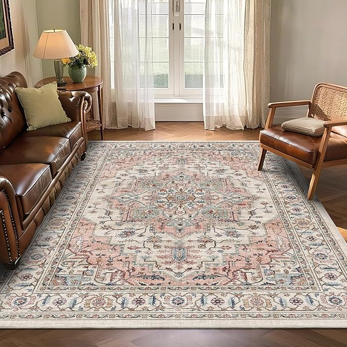 6x9 Area Rugs for Living Room Ultra-Soft Washable Rug Vintage Distressed Boho Area Rug, Non-Slip Retro Print Low Pile Stain Resistant Carpet for Bedroom Dining Room Kitchen Office