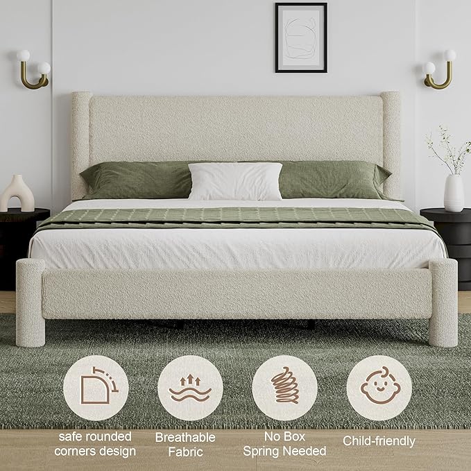 King Size Bed Frame, Boucle Bed Frame with Headborad, Soft Upholstered Platform Bed Frame with Rounded Corners, No Box Spring Required, Easy Assembly, Cream