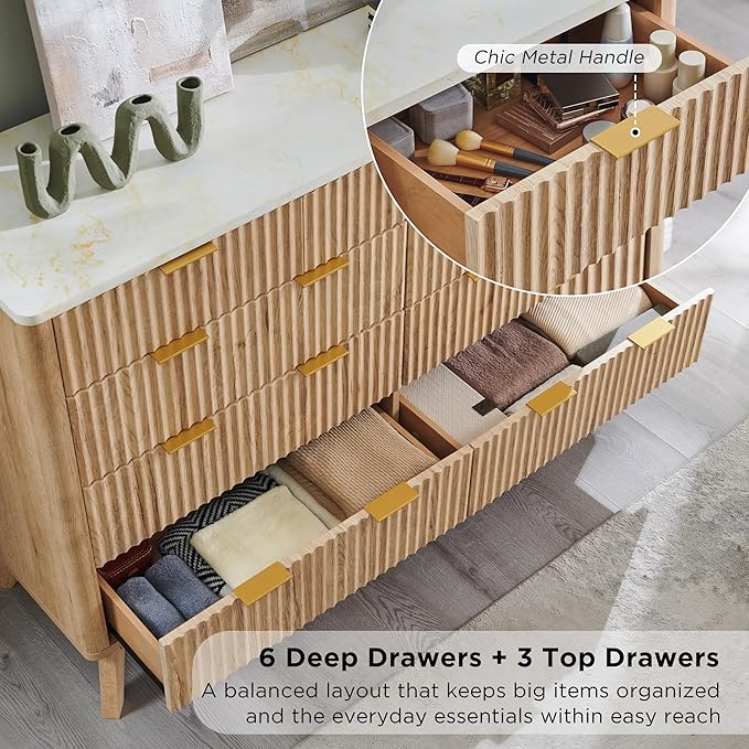 T4TREAM Fluted 9 Drawer Dresser, Modern Chest of Drawers with Faux Marble Top, Curved Profile Design, Dresser TV Stand, Wood Drawer Organizer for Bedroom, Living Room, Hallway, Natural Oak