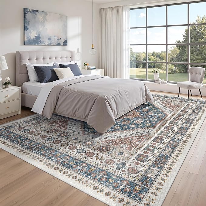 zesthome 8x10 Area Rugs for Living Room,Non-Slip Backing Washable Rugs,Vintage Large Area Rug，Stain Resistant Home Decor Rug (Navy Blue/Red,8'x10')