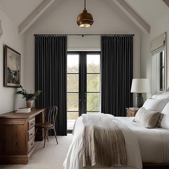 Black Blackout Pinch Pleated Linen Curtains 105 Inches Long for Living Room 2 Panels Thermal Insulted Dual Layer Drapes Ceiling Floor Back Tab 105 Inch Window Curtains Bedroom Sliding Glass Door