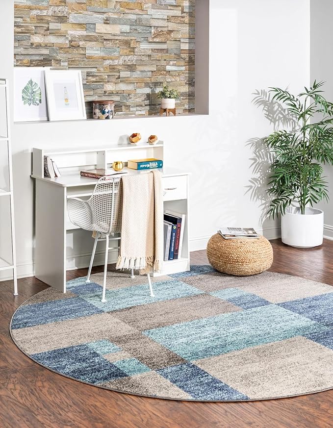 Unique Loom Autumn Collection Area Rug - Providence (7' 10" Round, Blue Gray/ Light Brown)