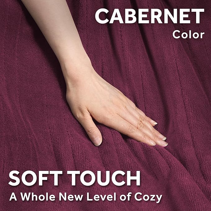 Sunbeam Electric Royal Luxe Microplush Heated Blanket, 12 Heat Settings, 12-Hour Auto Shut-Off, Fast Heating, Warm & Cozy, Machine Washable, Cabernet Color, Queen (90" x 84")