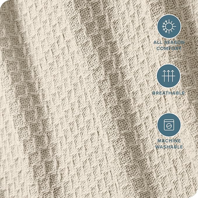 Bare Home Oyster Waffle Blanket, Throw Size 44Wx66L, 100% Cotton, Soft & Breathable for All Seasons, Lightweight, Perfect for Layering Bed, Sofa & Couch (Throw/Travel, Oyster)