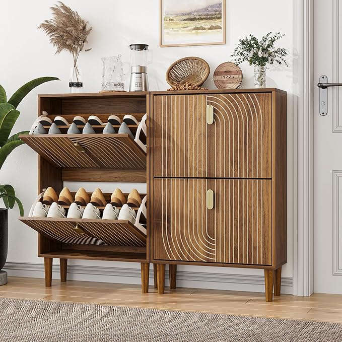 Vibe & Dine Modern Shoe Cabinet with 2 Flip Drawers & Gold Handles, Slim Space-Saving Entryway Shoe Storage Organizer, Freestanding Wood Shoe Rack Cabinet for Hallway, Bedroom, Living Room, Brown
