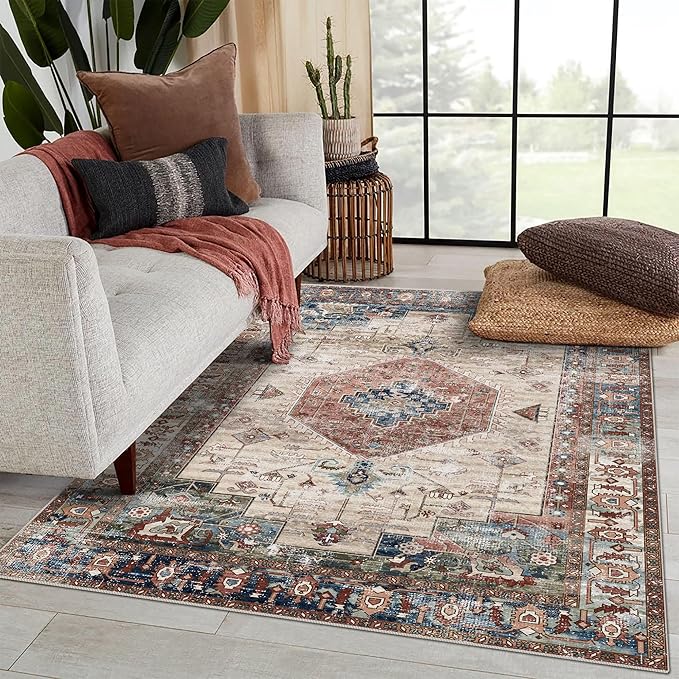 vivorug 3x5 Rug, Small Area Rug for Living Room, Bedroom, Kitchen, Machine Washable Non-Slip Throw Rug, Vintage Carpet for Entryway Nursery Coffee Table - Durable (Brown)