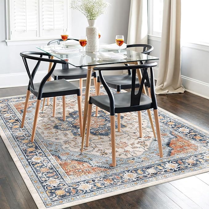 vivorug 8x10 Area Rugs for Living Room, Non-Slip Backing Washable Rug 8x10, Large Area Rug Soft Carpet for Bedroom Dining Room, Vintage, Easy Clean, Durable, Low Pile Rug Orange/Navy