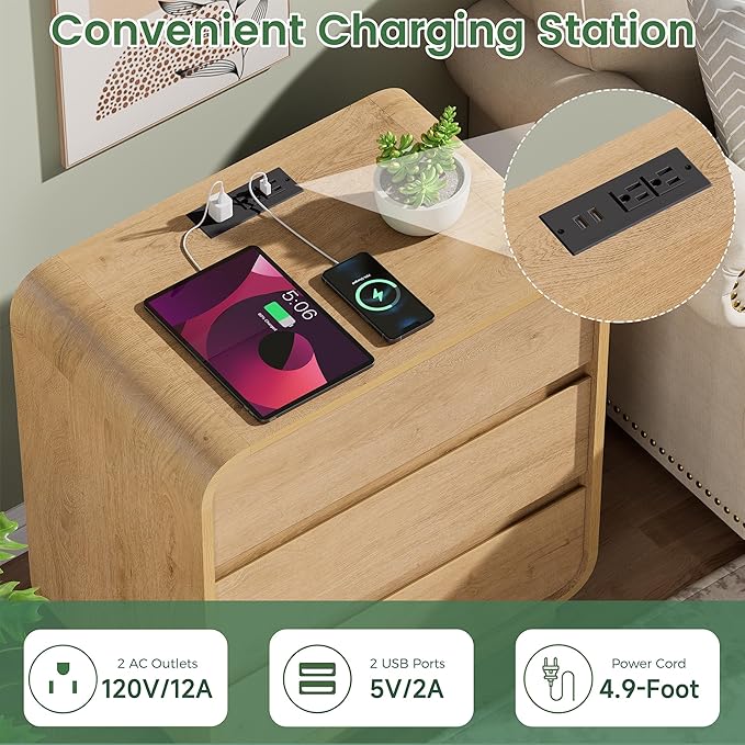 Modern Nightstand Set of 2, 23.2" Large Wood Night Stand with Charging Station & Curved Profile, 3 Storage Drawers Dresser Bedside Table, Mid-Century End Table for Bedroom Sofa, Natural