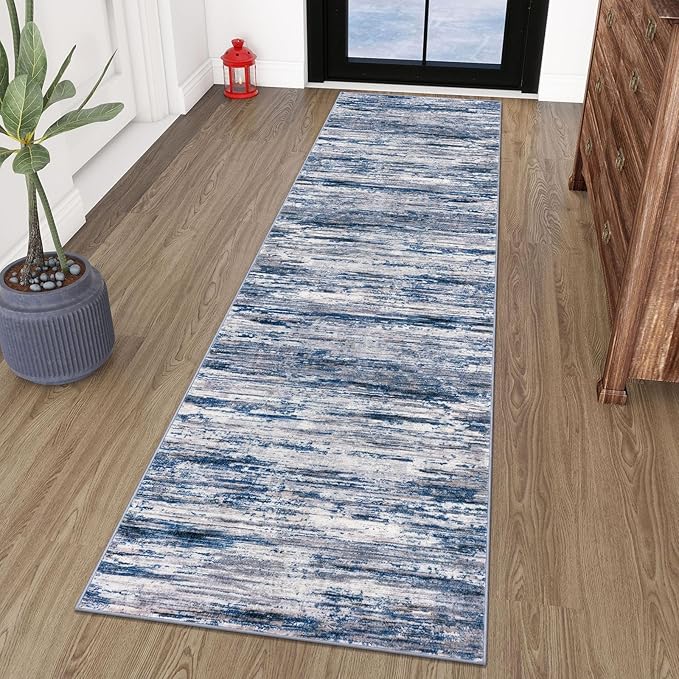 2x8 Modern Abstract Runner Rug for Hallways, Navy Blue Gray Neutral Multi Super Soft Hallway Decor Kitchen Rugs with Non-Slip, Non-Shedding Washable Rug for Entryway Bedroom Indoor