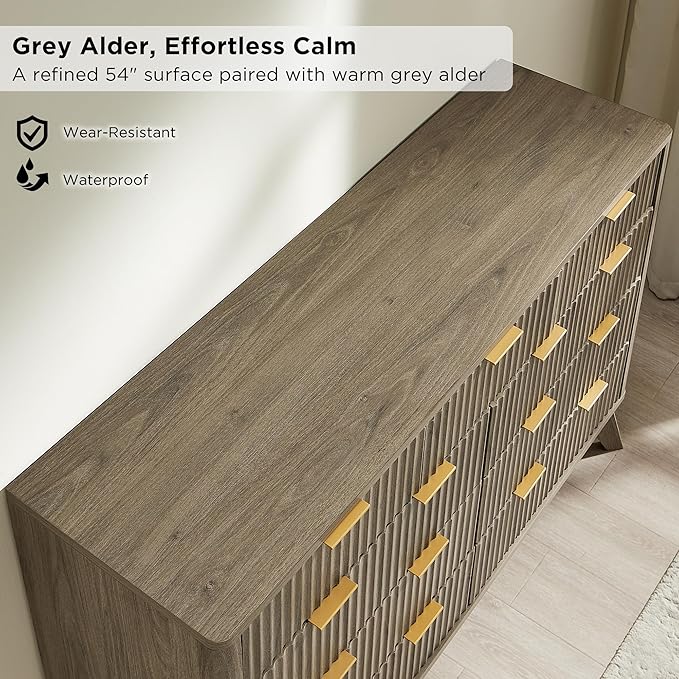 T4TREAM Fluted 9 Drawer Dresser, Modern Chest of Drawers, Curved Profile Design, Dresser TV Stand, Wood Drawer Organizer for Bedroom, Living Room, Hallway, Grey Alder