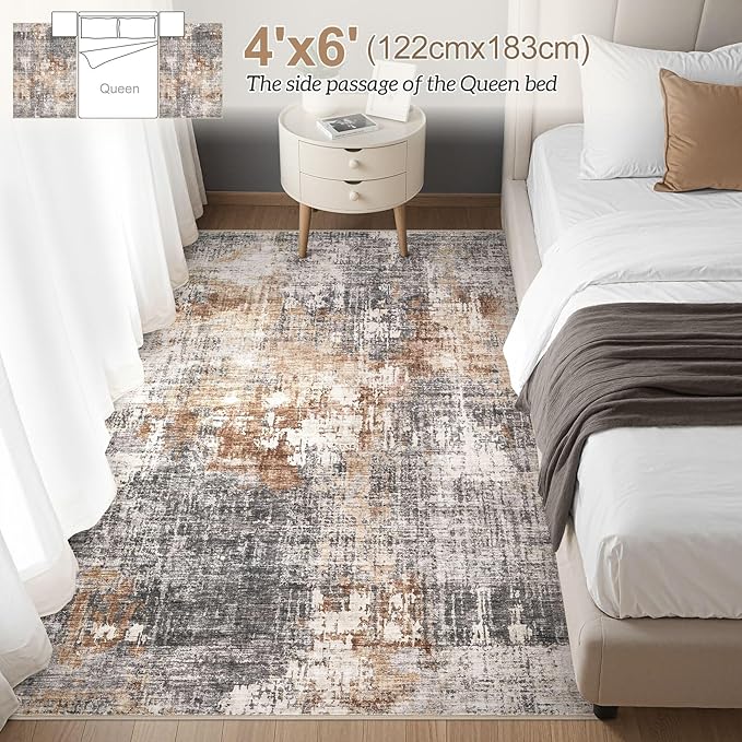 Area Rug Living Room Rugs - 4x6 Abstract Small Soft Indoor Washable Rug Neutral Modern Low Pile Carpet for Bedroom Dining Room Farmhouse Home Office - Grey Brown