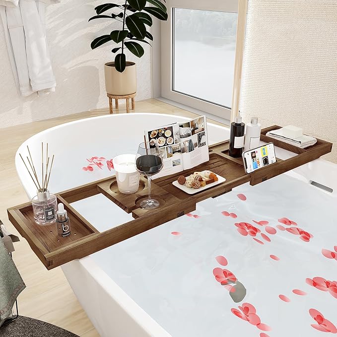 Teak Bathtub Tray - Luxury Bath Tray with Expandable Handles, Wine Glass and Phone Holders, Book Stand - Perfect for Home Spa Relaxation and Reading - Natural Bath Accessories - Dark Walnut Color