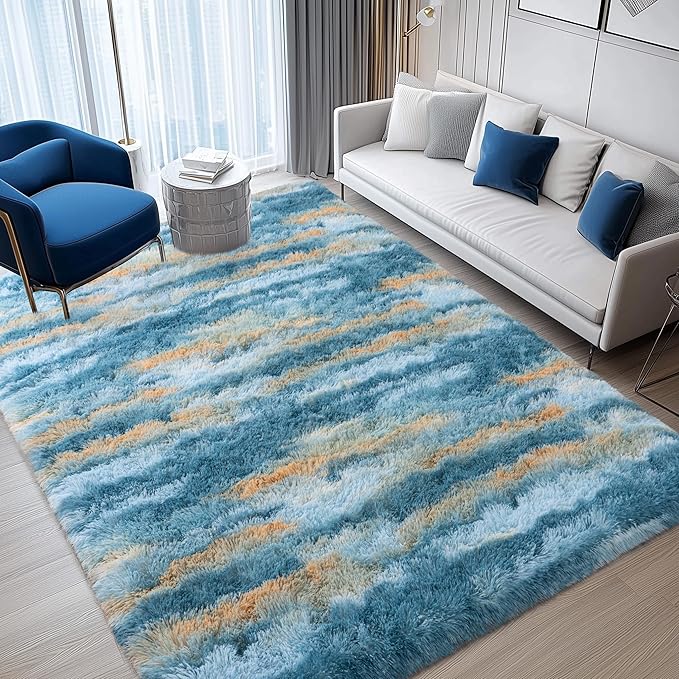 Fluffy Rugs for Living Room Bedroom, 5x7 Feet Abstract Blue Shag Area Rugs, Non-Slip Indoor Modern Fuzzy Plush Floor Carpet for Dorm Nursery Kids Room Decor, Soft Shaggy Throw Rug