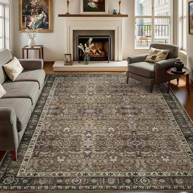 5x7 Vintage Washable Area Rug for Living Room,Low Pile Non Slip Carpet Non-Shedding Area Rug Soft Indoor Stain Resistant Rug Floral Print Mat for Bedroom Dining Room Brown Floral