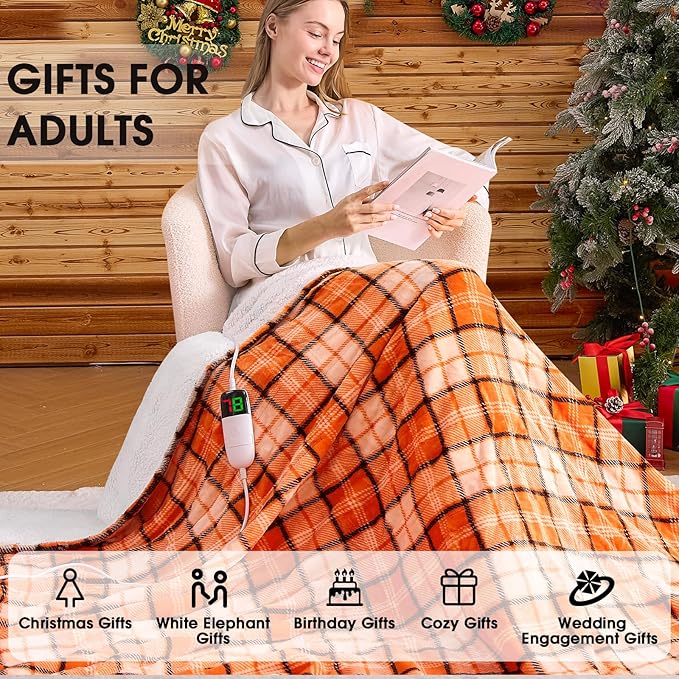 Heated Electric Blanket Full Size,72X84 Heating Blanket,Orange Plaid Soft Sherpa Blankets Warmer Gift for Grandma Women Adult,Fast Heating Washable