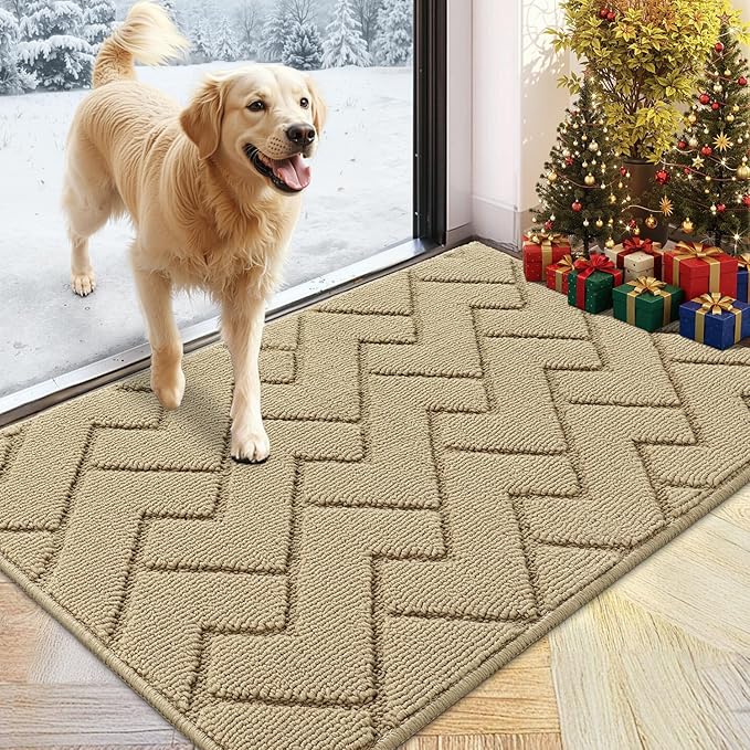 hicorfe Front Door Mat Outside Entrance,24"x35" Absorbent Muddy Dirt Resist Welcome Door Mats Outdoor Indoor,Stain and Fade Resistant,Non Slip Backing Entry Mat Doormat for Entryway (Beige)