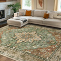 Area Rugs 7'x10' Washable Non-Slip, Floral Vintage Distress Print Pattern Medallion Carpet for Living Room Bedroom Dining Room, Brick Red Rust Neutral Brown Burnt Orange Green