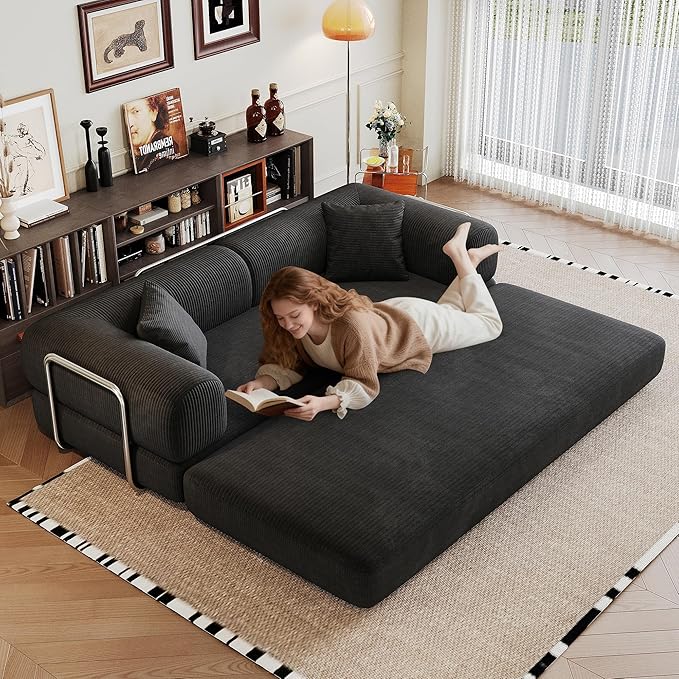 79" Convertible Sofa Bed, Corduroy Folding Pull Out Couch with Pillows, No Assembly Modern Boneless Couch Compression Sofa in Box, Floor Sofa with Support Rods for Living Room,Black