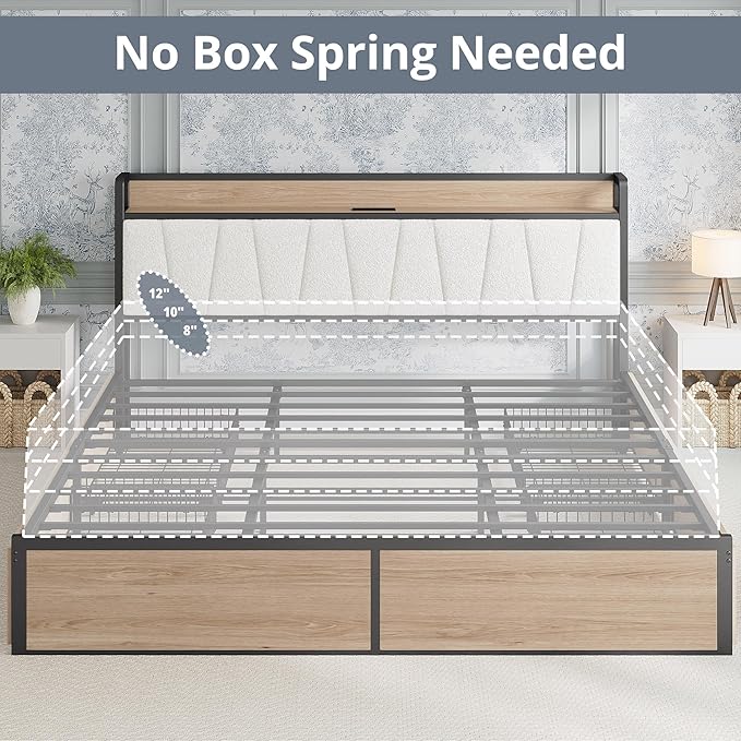 LIKIMIO King Bed Frame with 4 Storage Drawers, Platform Bed with Charged Headboard, Sturdy and Stable, No Noise, No Box Spring Needed, Easy to Install, Wood and Cream