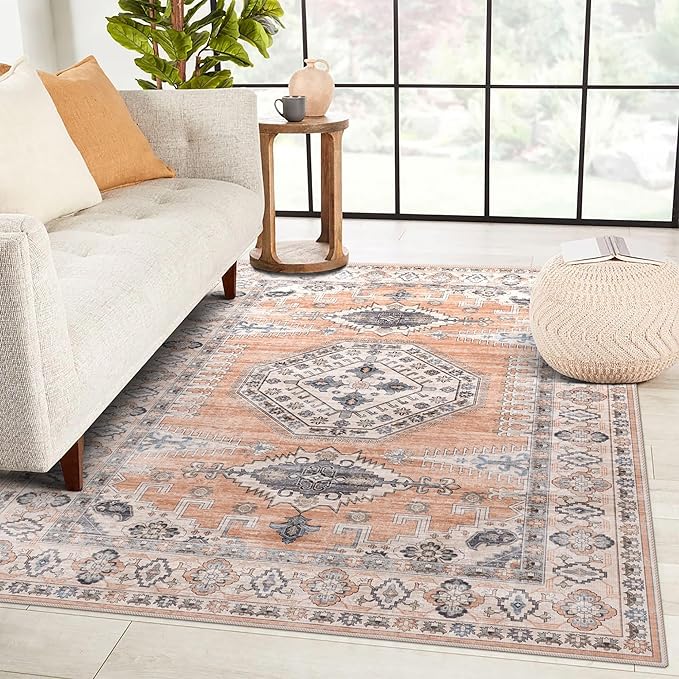 vivorug 3x5 Rug, Small Area Rug for Living Room, Bedroom, Kitchen, Machine Washable Non-Slip Throw Rug, Vintage Distressed Carpet for Entryway Nursery Dinner Room, Orange